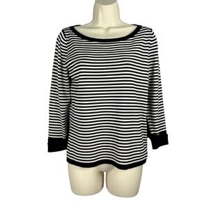 Linda Matthews Knit Top Womens Medium Black White Striped 3/4 Sleeve‎